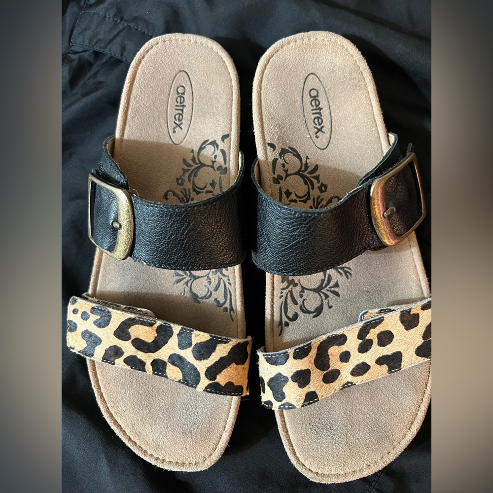 Aetrex Black and Leopard Sandals